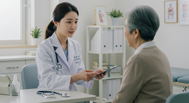 의료진이 노인 환자에게 설명하는 장면