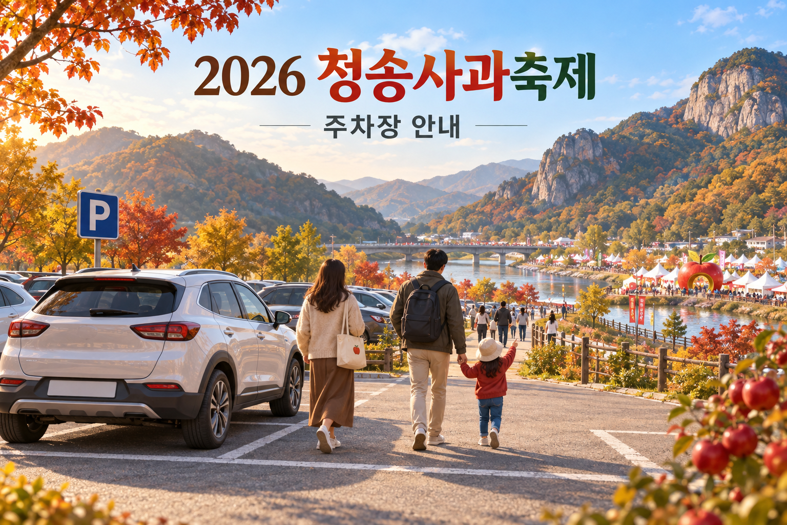 사과축제 주차장에서 차량을 세우고 나들이를 준비하는 가족
