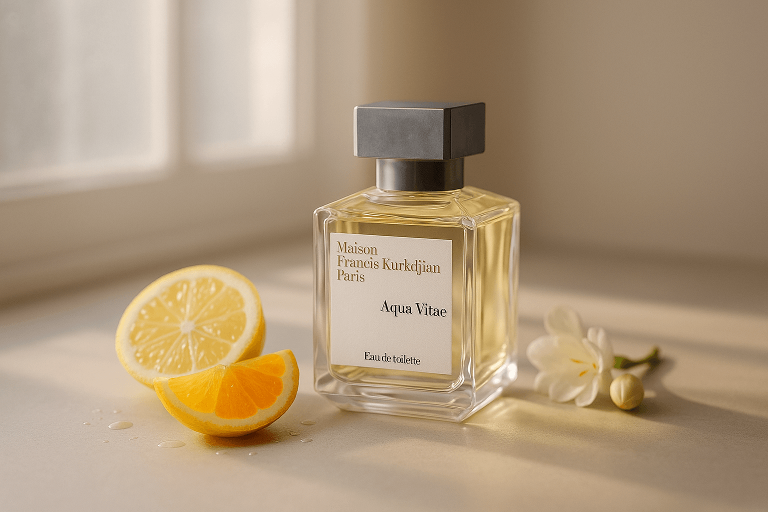 아이보리 매트 표면 위에 세워진 메종 프란시스 커정 &lsquo;아쿠아 비타&rsquo; 오 드 뚜왈렛 병. 투명한 직사각형 유리병 안에 연한 금빛 향수가 담겨 있으며, 미니멀한 흰색 라벨과 세리프체 타이포그래피가 선명하게 보임. 병 주위에는 칼라브리아산 레몬과 시칠리아산 만다린 조각이 흩어져 있고, 투명한 주스 방울이 햇빛에 반짝이며, 흐릿한 베이지 톤 배경이 아늑하고 고급스러운 분위기를 연출함