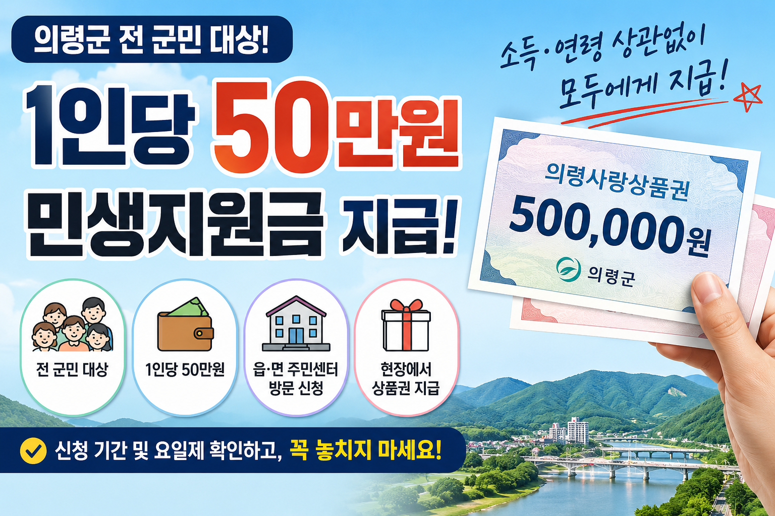 의령군 민생안정지원금 50만원 신청 대상과 지급 방법 안내
