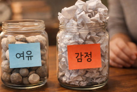 여유가 줄어든 유리병과 감정이 늘어난 유리병