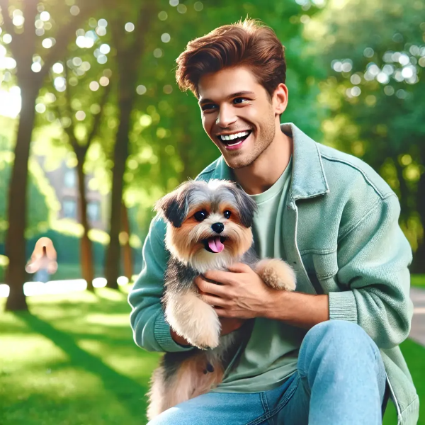 푸른 공원에서 건강한 반려견과 신나게 뛰노는 젊은 남성의 활기찬 초고해상도 사진