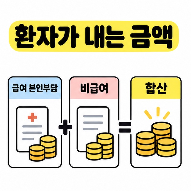 급여 본인부담과 비급여를 더해 환자가 내는 금액으로 합산하는 비용 구성 도식