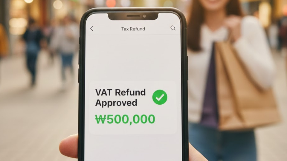 스마트폰으로 부가세 환급 완료 알림을 확인하고 만족해하는 모습.