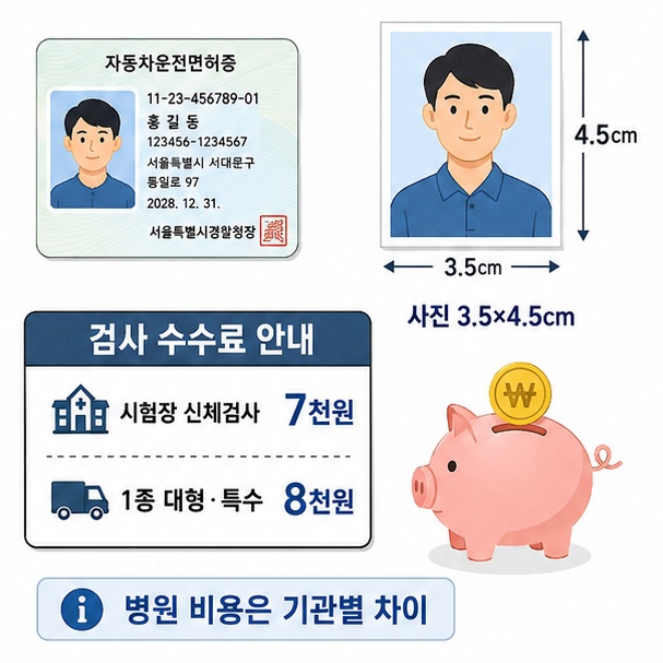 운전면허 적성검사에 필요한 사진 규격과 시험장 신체검사 비용 및 병원별 비용 차이를 정리한 이미지