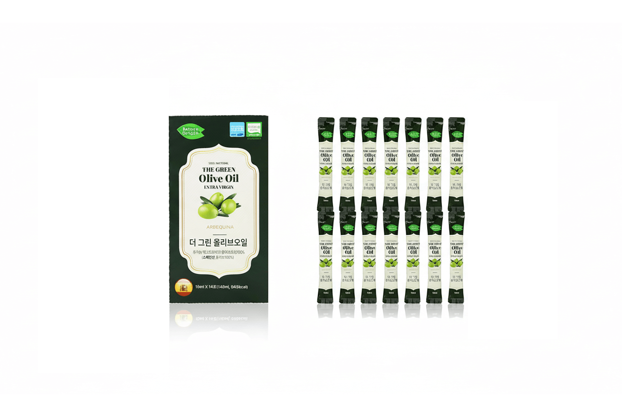네이처오리진 그린 올리브오일 14포 패키지 전체샷, 초록색 포인트 디자인과 개별 스틱 배열이 깔끔한 상품 사진