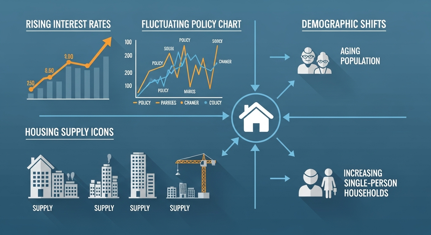 금리, 정책, 공급, 인구 구조 등 부동산 시장의 핵심 변수들을 시각화한 인포그래픽.