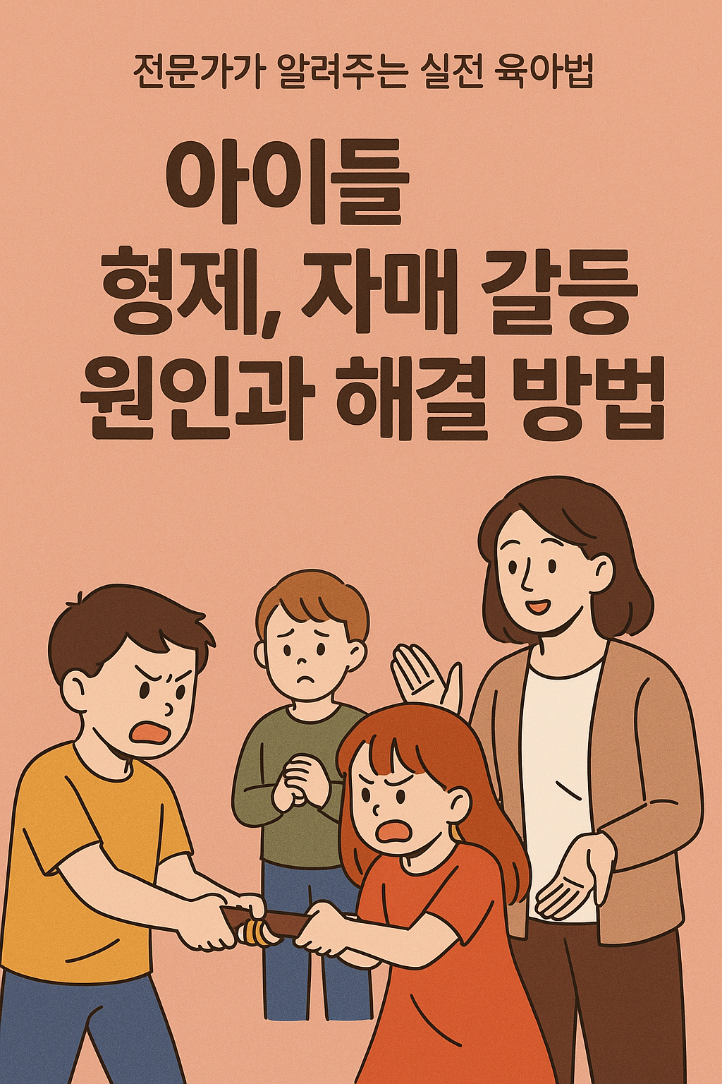 아이들 형제, 자매갈등 원인과 해결방법이라고 쓰여있고 아이들이 다투는 모습의 이미지