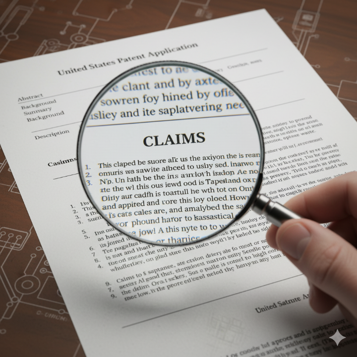 특허 명세서의 청구항(Claim) 부분을 돋보기로 확대하는 모습