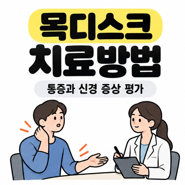 목디스크 치료방법 제목과 목 및 팔의 불편함을 의료진에게 설명하는 상담 장면으로 통증과 신경 증상 평가를 안내하는 썸네일