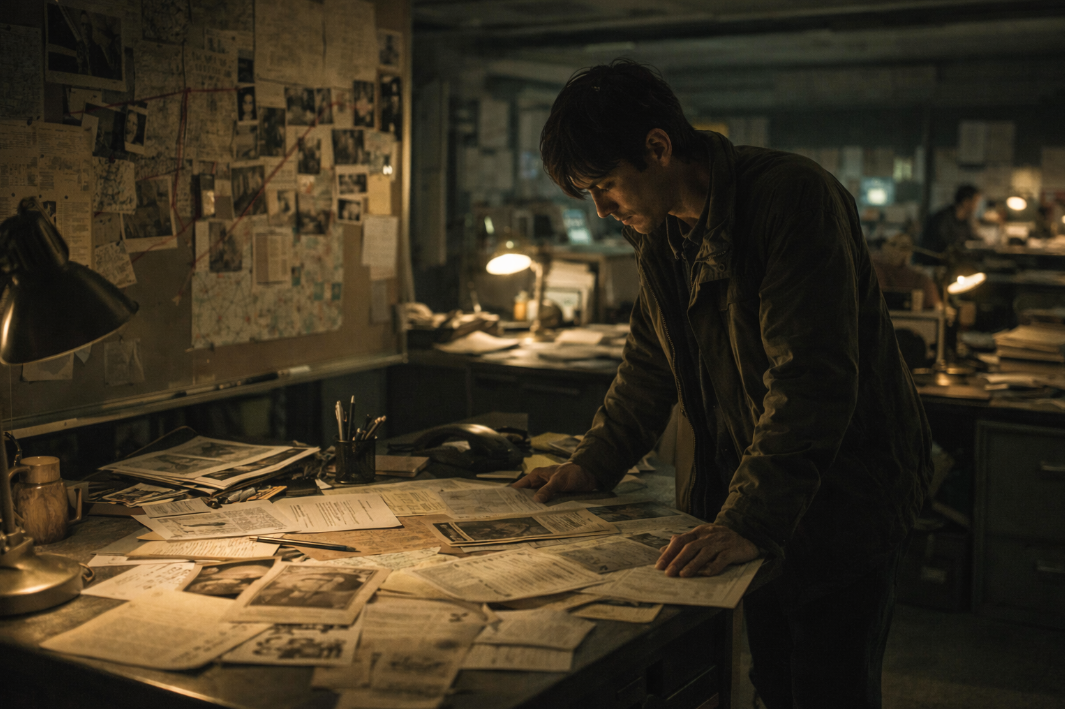 늦은 밤 어두운 신문사 안에서 한 남자가 서류와 신문이 흩어진 책상 앞에 서 있는 장면