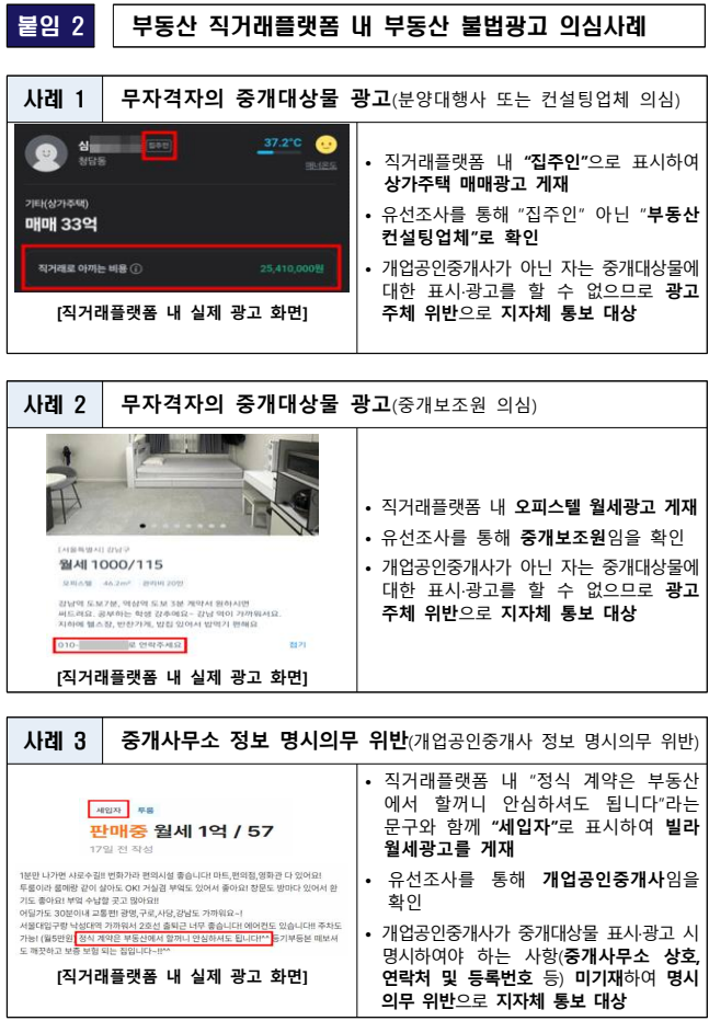 부동산 직거래플랫폼 내 부동산 불법광고 의심사례