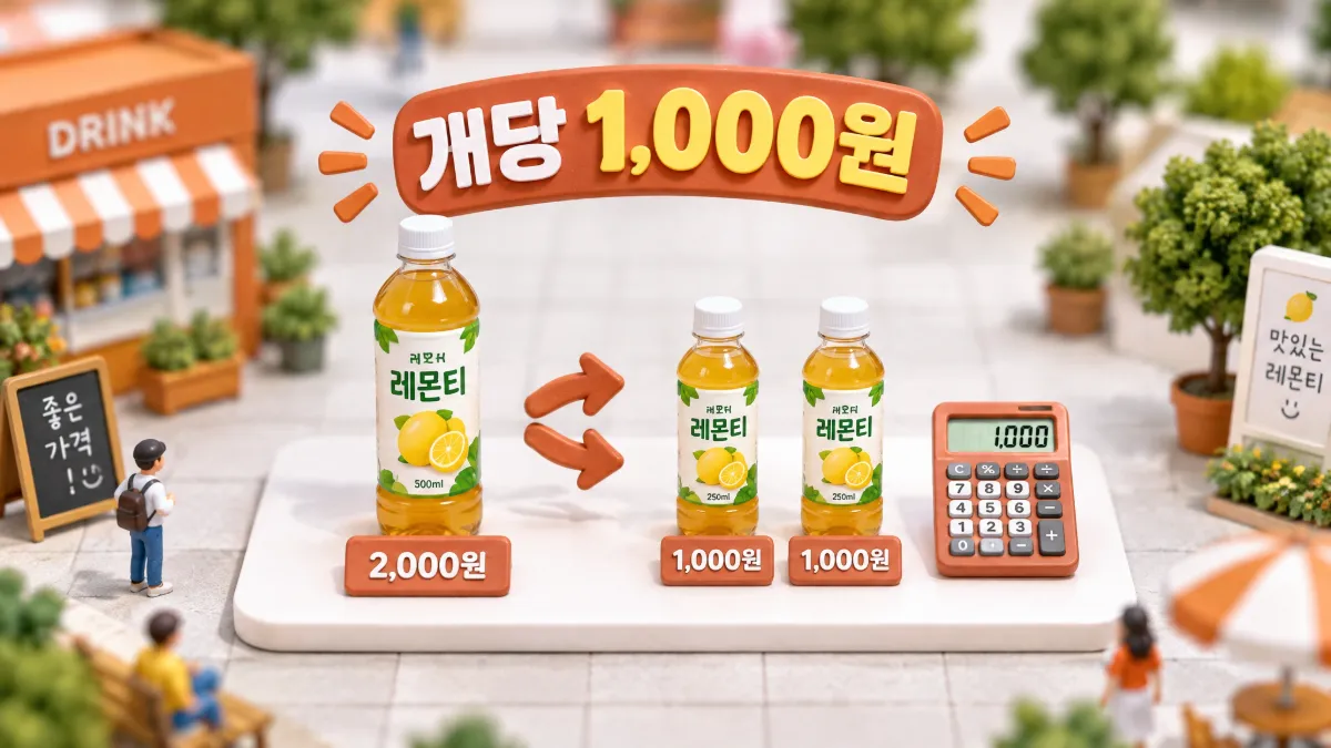 2,000원 음료 한 병이 두 병으로 나뉘고 계산기에 1,000원이 표시된 개당 가격 계산 인포그래픽