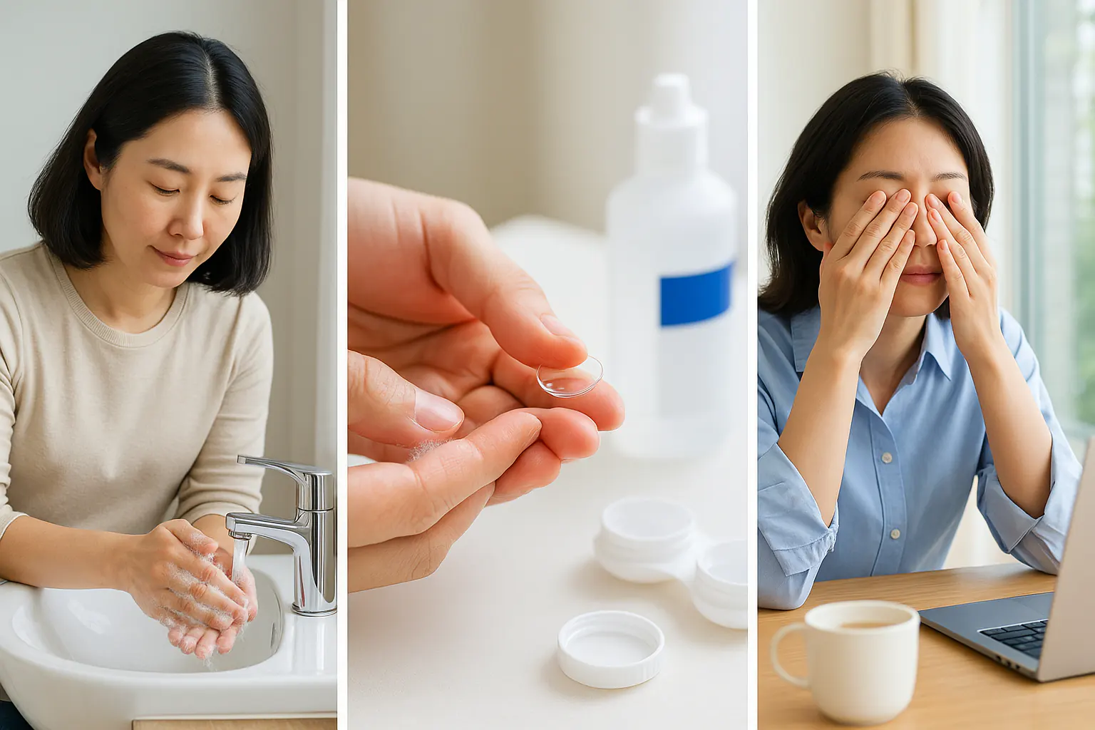 외출 후 손 씻는 장면, 콘택트렌즈를 깨끗이 세척하는 모습, 전자기기 사용 중간에 눈을 쉬게 하는 장면