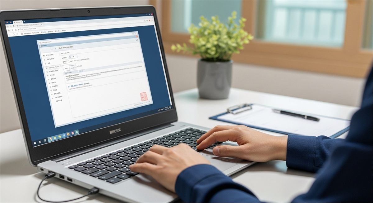 집 책상에서 노트북으로 인감증명서 온라인 발급을 준비하는 장면