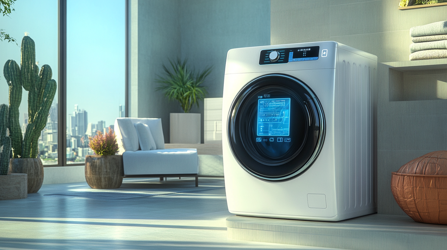 현대적인 홈 환경에서 삼성의 AI 터치 스크린 기능이 탑재된 미래형 세탁기
