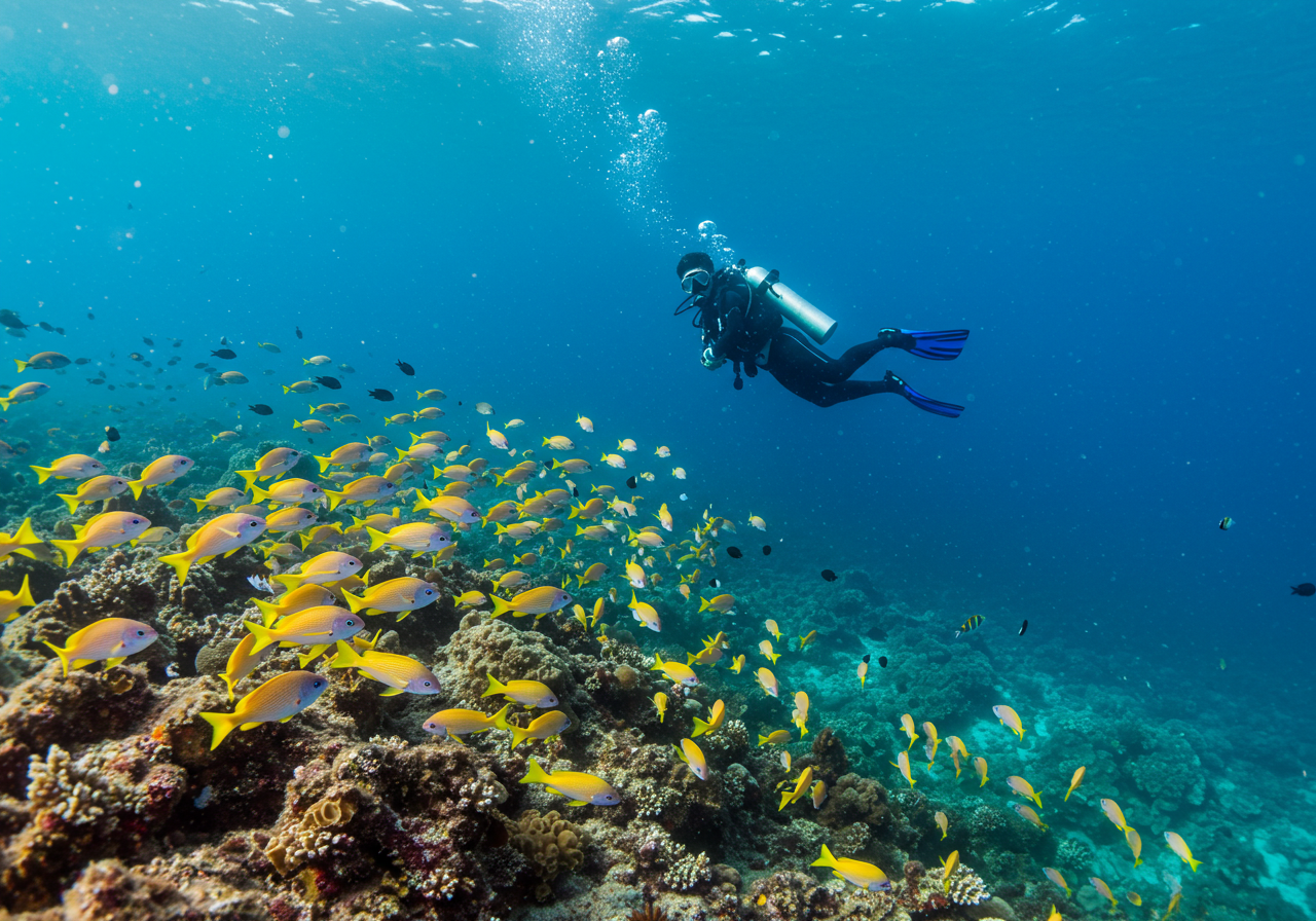 화려한 산호초 사이를 유영하는 다이버와 다채로운 열대어