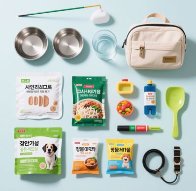 반려동물 입양 시 필요한 용품들을 배치해 놓은 모습