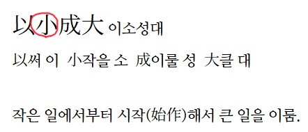 중학생 손주가 '작을 소 (小)' 가 들어간 사자성어(이소성대)들을 보내왔다는 이미지