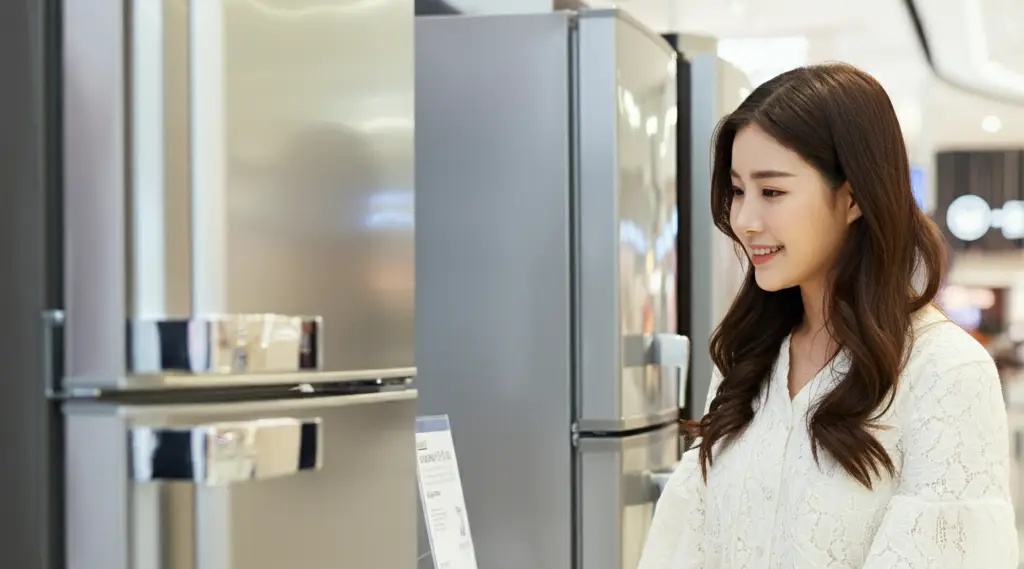 냉장고를 쇼핑하는 여성