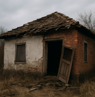 흐린 하늘 아래, 붉은 벽돌과 흰색 벽면이 섞인 단층 폐가가 무너진 지붕과 열린 나무문, 깨진 창문을 가진 채 황량한 들판에 방치