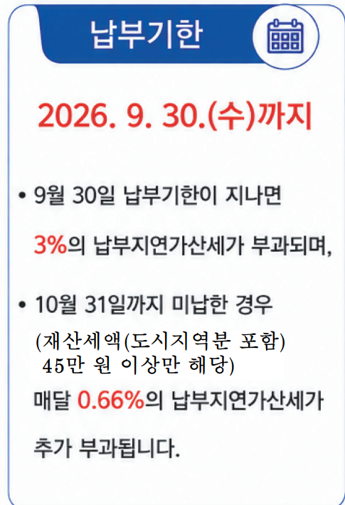 성동구청 재산세 납부 안내문에 적힌 2026년 9월 30일 납부기한과 납부지연가산세