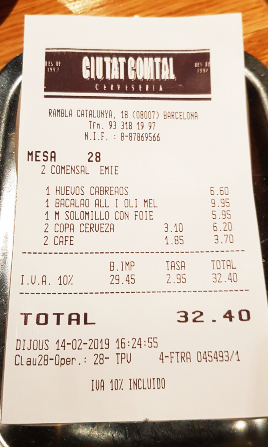 스페인 바르셀로나 ciutat comtal 영수증