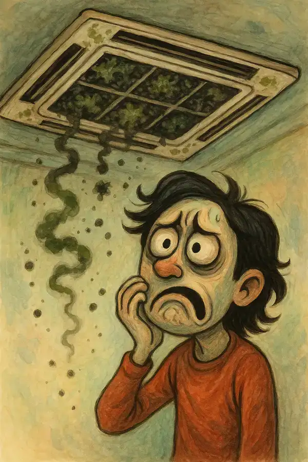 천장형 에어컨 내부에 먼지와 곰팡이가 가득 낀 모습과 함께, 그로 인해 불쾌감을 느끼는 사람의 표정을 담은 경고성 이미지