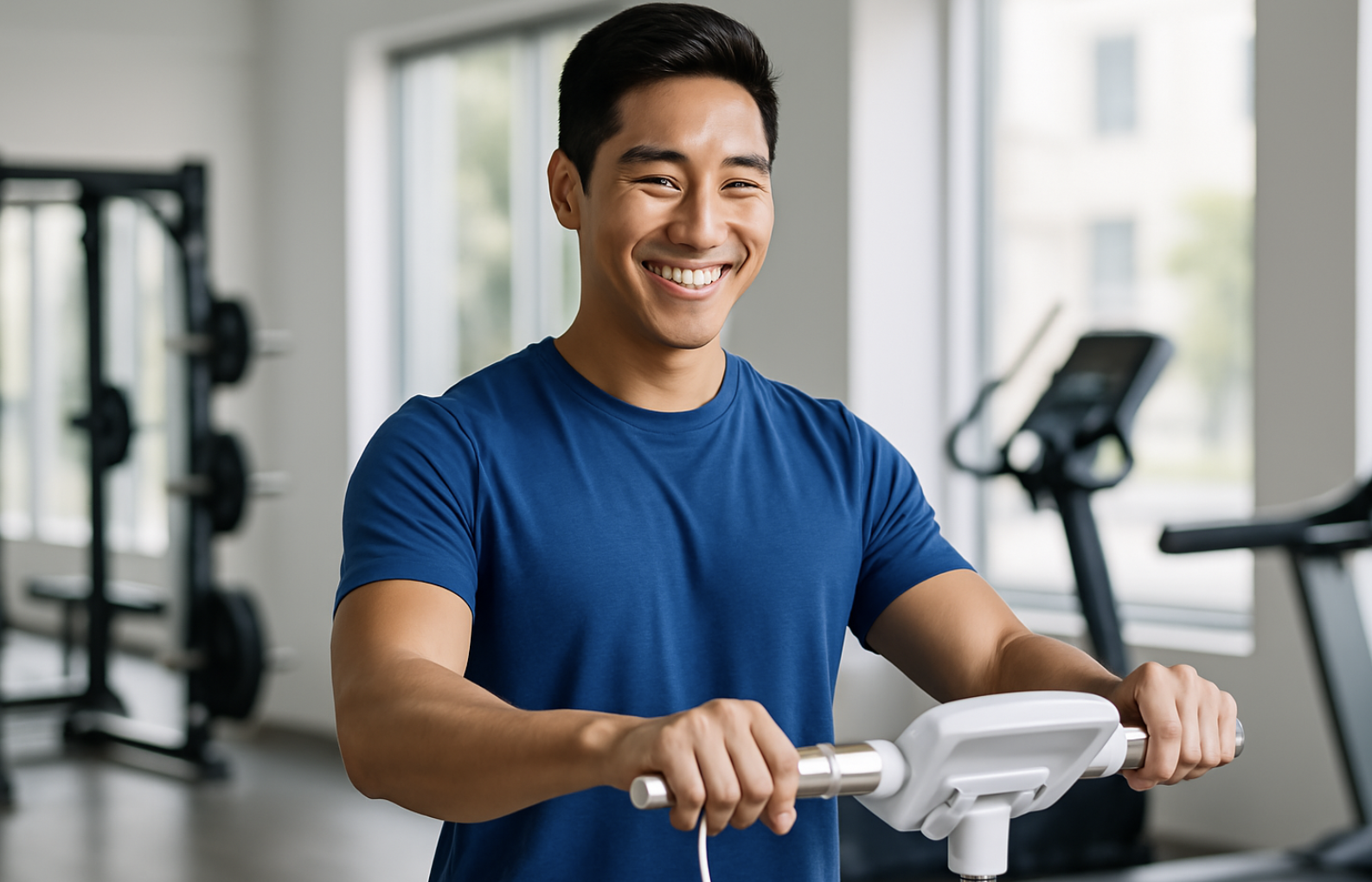 밝은 체육관에서 디지털 체성분 분석기에 올라 자신감 있게 미소 짓는 젊은 아시아 남성.