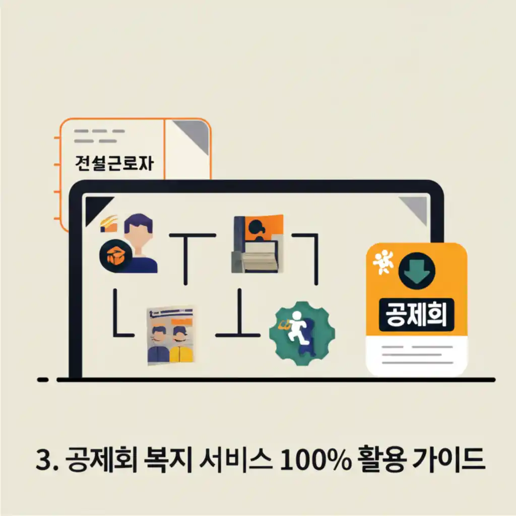 건설근로자 공제회 복지 서비스를 활용하는 행복한 근로자들과 다양한 혜택 아이콘.