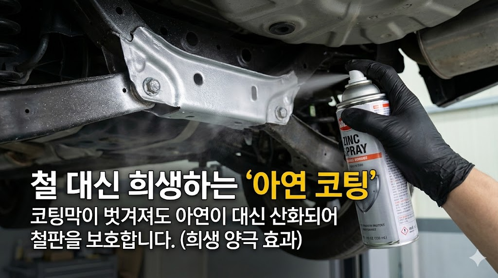 두 번째 해결책으로 아연 코팅을 소개합니다. 녹이 제거된 깨끗한 금속 표면에 은색 아연 코팅제를 뿌리는 장면을 통해 보호막이 형성되는 과정을 시각적으로 보여줍니다. "철 대신 희생하는 '아연 코팅'"이라는 카피로 희생 양극 효과의 원리를 알기 쉽게 설명합니다.