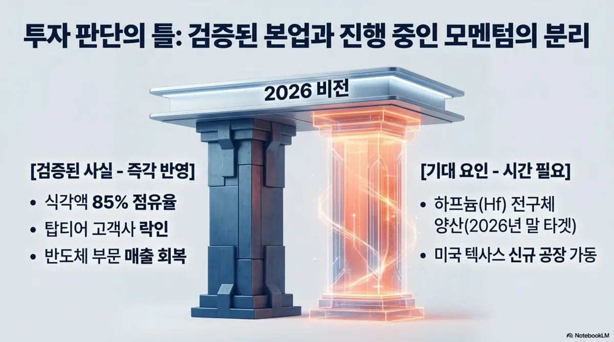 솔브레인 주가 전망: 두 개의 기둥으로 검증된 본업과 진행 중인 모멘텀을 분리한 이미지. 식각액 85% 점유율&middot;탑티어 고객사&middot;반도체 매출 회복이라는 검증된 사실과 하프늄 전구체 양산&middot;미국 텍사스 신규 공장이라는 기대 요인을 구분해 시각적으로 전달하며&amp;#44; 블로그의 솔브레인 주가 전망 결론과 관련된 내용을 설명함