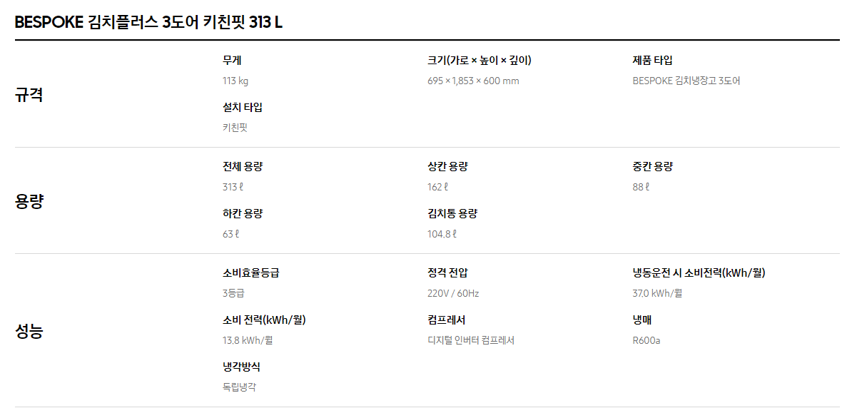 삼성 비스포크 김치플러스 3도어 키친핏 냉장고