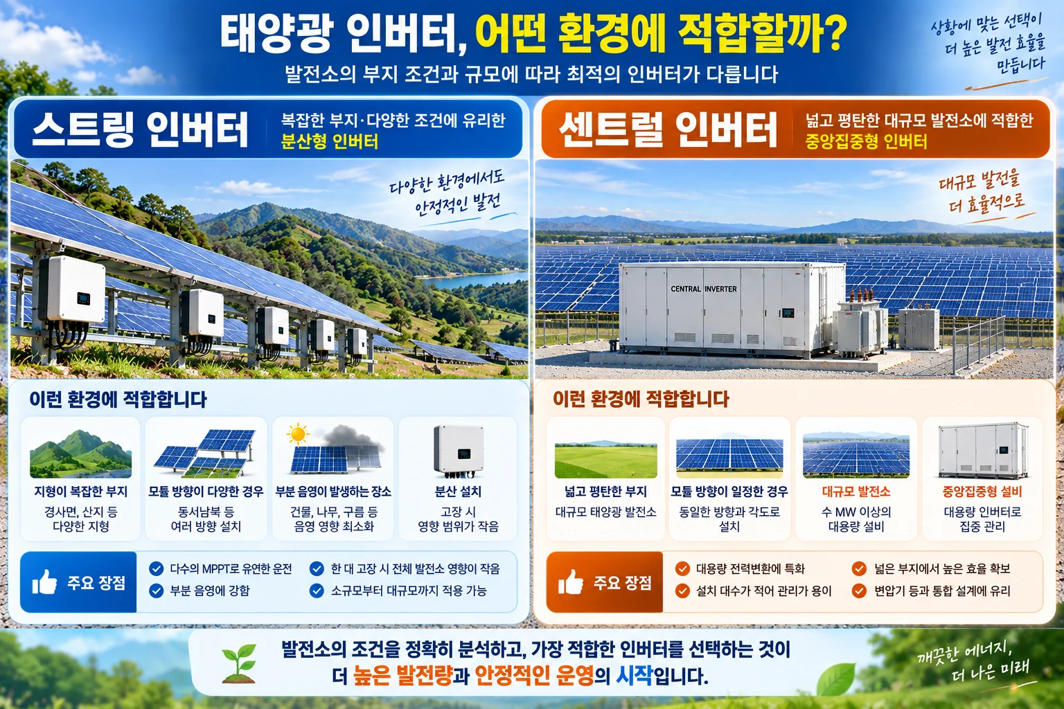 스트링 인버터와 센트럴 인버터 적용 환경 비교