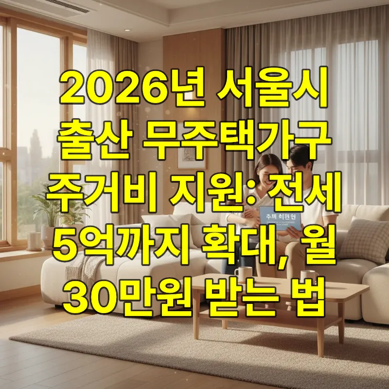 채광 좋은 거실 소파에 앉아 태블릿으로 서울시 주거비 지원 승인 소식을 확인하며 안도하고 기뻐하는 한국인 부부와 신생아의 따뜻한 모습