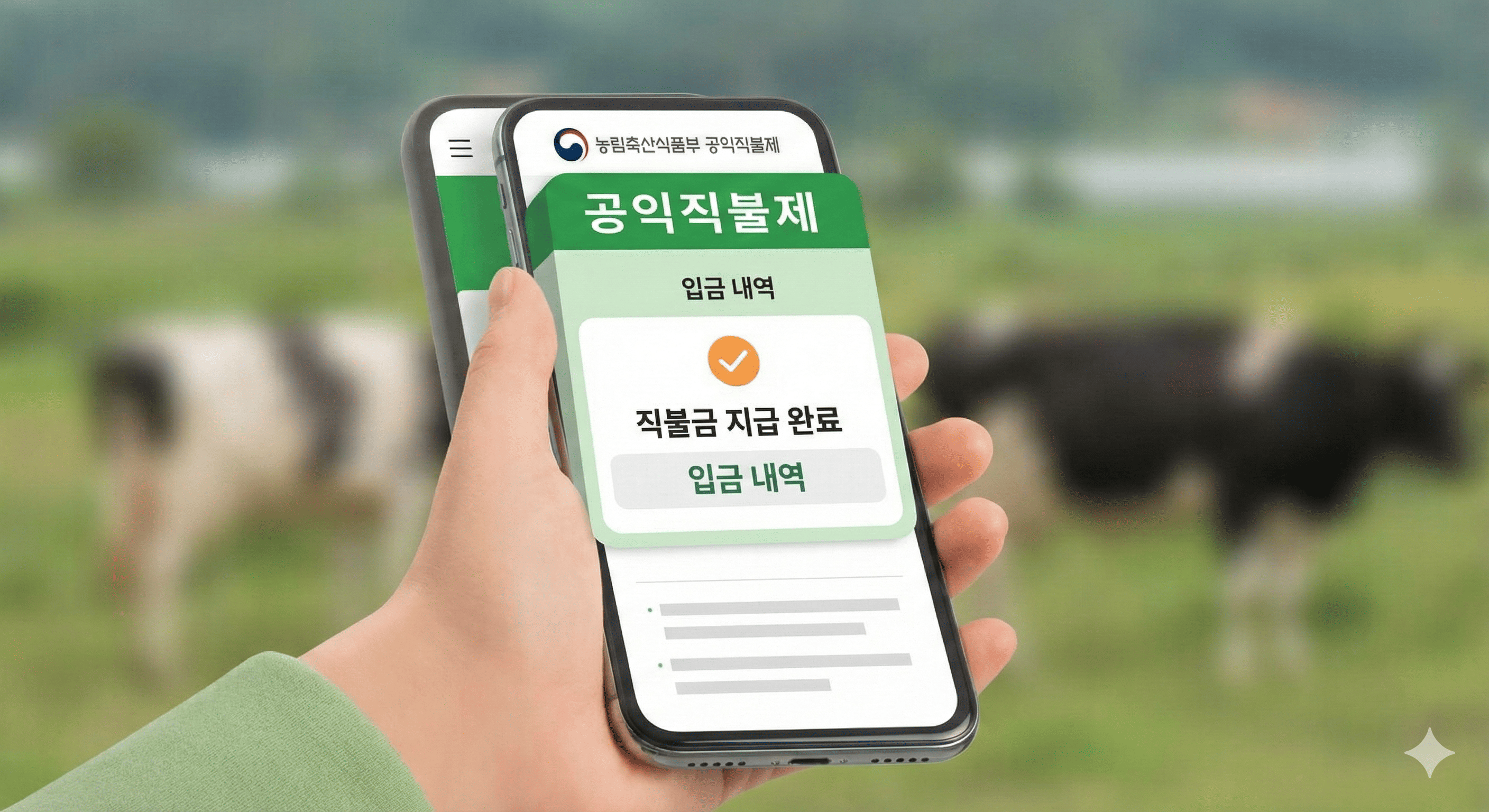 스마트폰 화면에 '직불금 지급 완료' 문구가 명확히 보이는 뱅킹 앱 또는 정부 홈페이지가 표시되어 있습니다. 농민이 간편하게 직불금 입금을 확인할 수 있음을 나타냅니다.