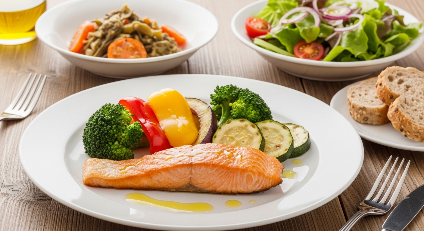 올리브오일로 조리된 건강한 식단. 팬에 구운 연어와 구운 채소, 신선한 샐러드, 통곡물 빵이 먹음직스럽게 놓여있습니다.