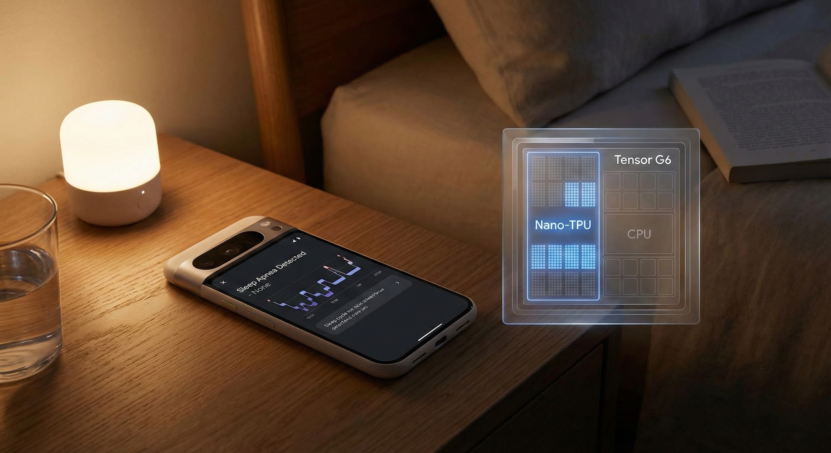 글 픽셀 11이 수면 중 사용자의 건강 상태를 모니터링하는 모습과 저전력 나노 TPU가 작동하는 원리를 설명하는 이미지