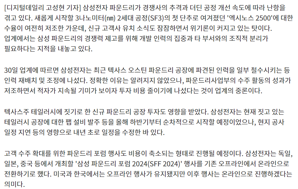 투자 감소 및 일정 지연 현황