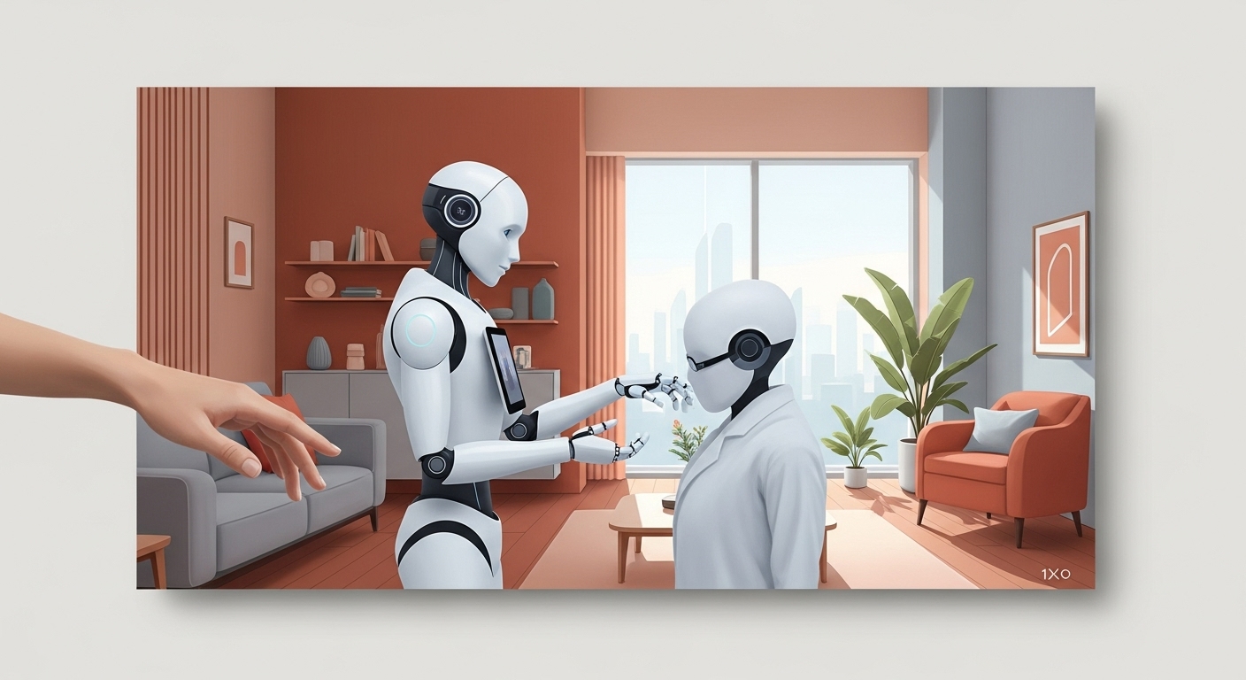 따뜻한 거실에서 사람과 손을 맞잡고 있는 휴머노이드 NEO 로봇. 포용과 공존의 미래를 상징합니다.