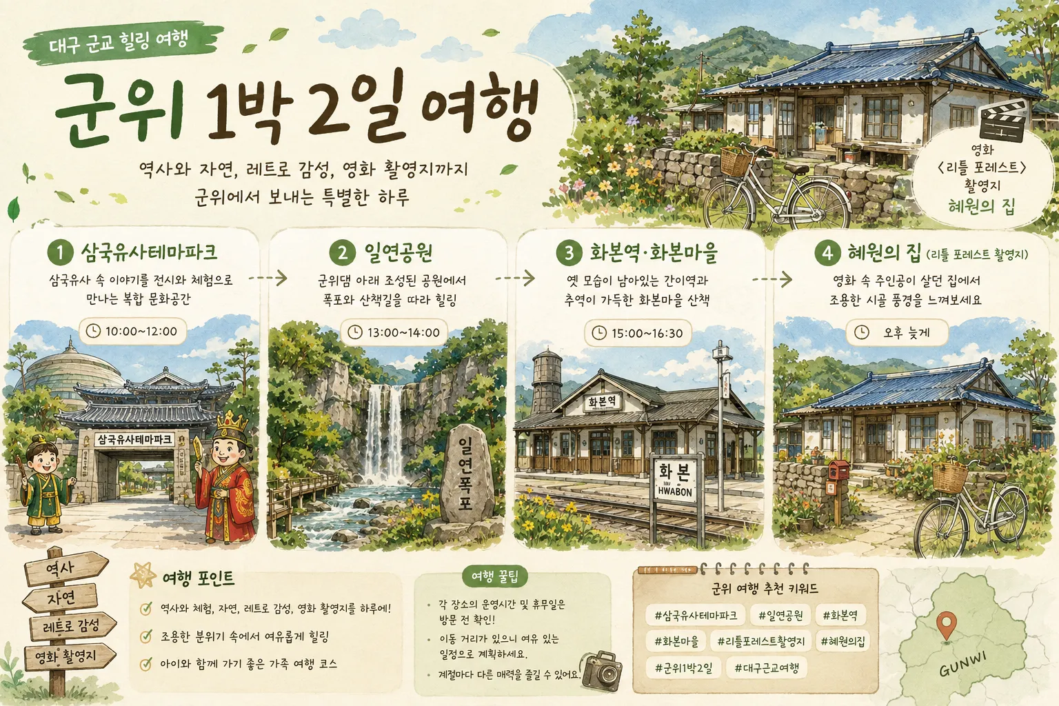 대구 근교 힐링 여행, 군위 1박 2일 여행 일정을 소개하는 일러스트 포스터. 1. 삼국유사테마파크(10:00∼12:00), 2. 군위댐 아래 폭포가 있는 일연공원(13:00∼14:00), 3. 옛 간이역 감성의 화본역·화본마을(15:00∼16:30), 4. 영화 <리틀 포레스트> 촬영지 혜원의 집(오후 늦게) 4개 코스를 수채화 그림으로 소개하고, 여행 포인트와 꿀팁, 군위 지도가 포함된 인포그래픽.