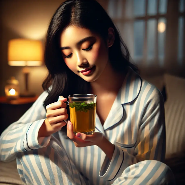 밤에 잠자기 전 따뜻한 허브차를 마시며 편안해하는 동양인 여성