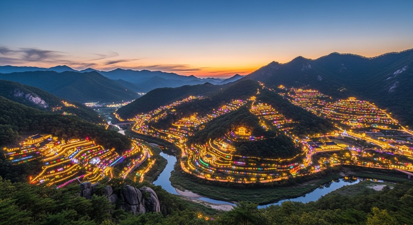 산자락과 마을을 가득 메운 야간 조명 전경