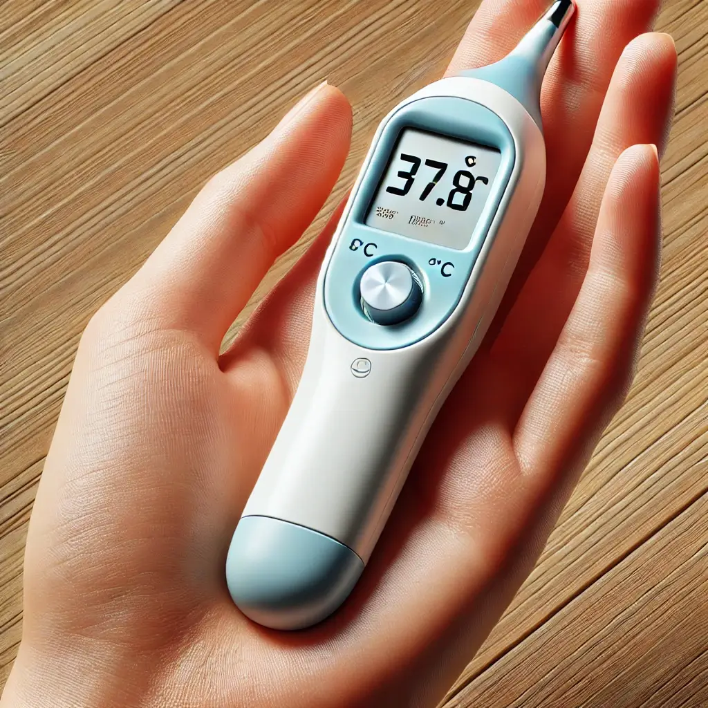 37.8도가 적혀있는 체온계의 모습, 이런 체온계를 손으로 들고있는 모습이다.