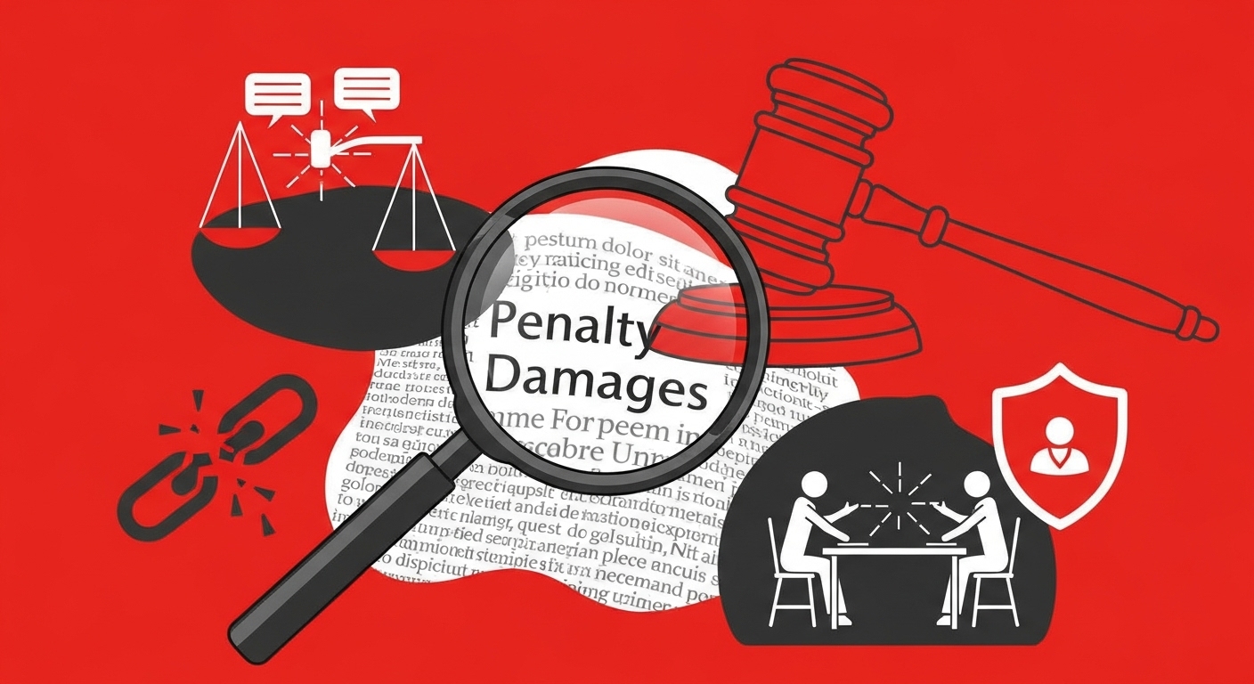 법률 텍스트와 돋보기, 망치, 대화 테이블 등 하도급법 위반 시 처벌과 구제 수단을 상징하는 요소들.