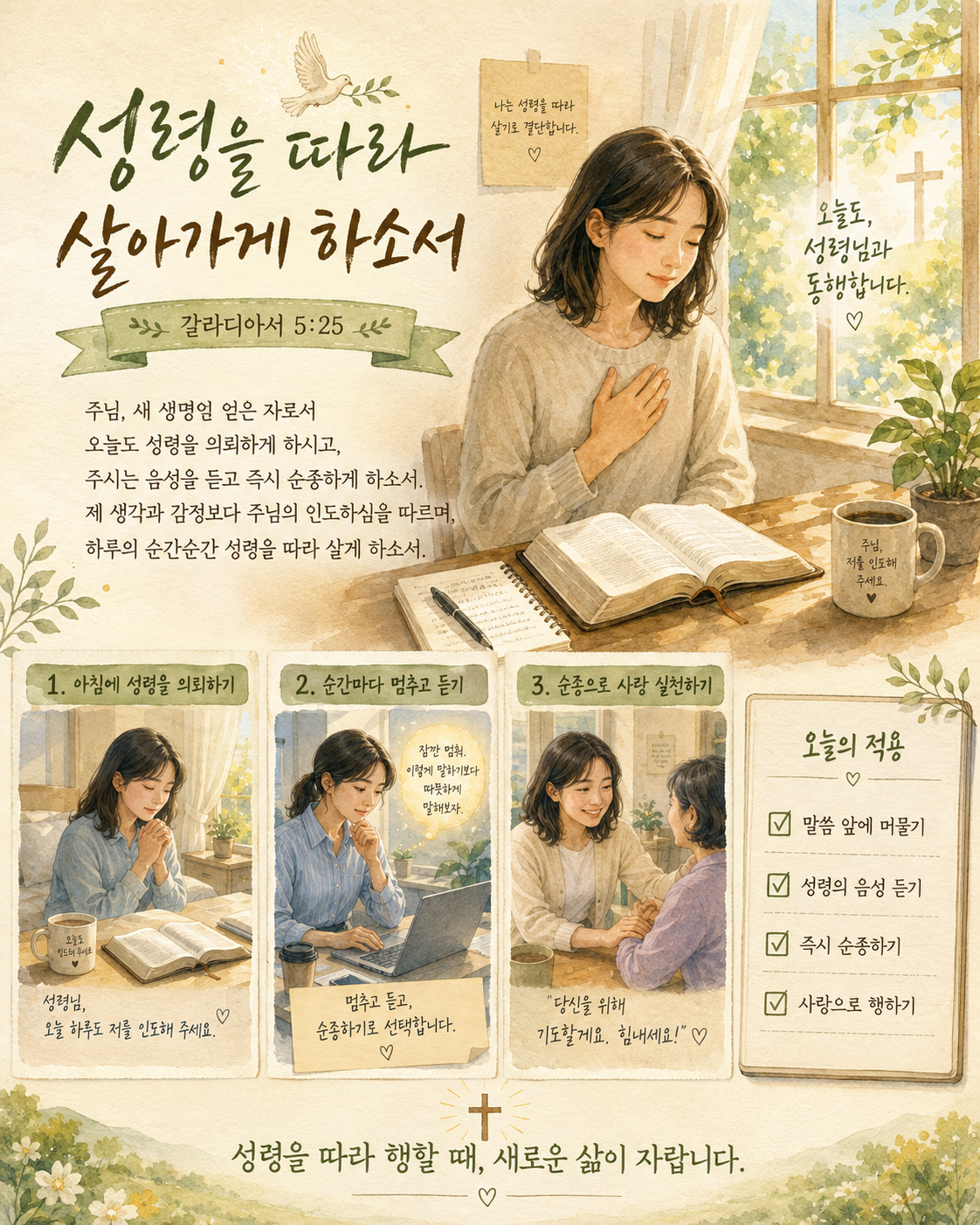 갈 5:25 말씀에서 새로운 삶을 살아가고자 한다면 성령을 의뢰하고 따르는 순종이 있어야 함을 생각했고, 하루동안 성령을 의뢰하고 그 음성을 들으며 순종하려는 시도를 하는 모습입니다.