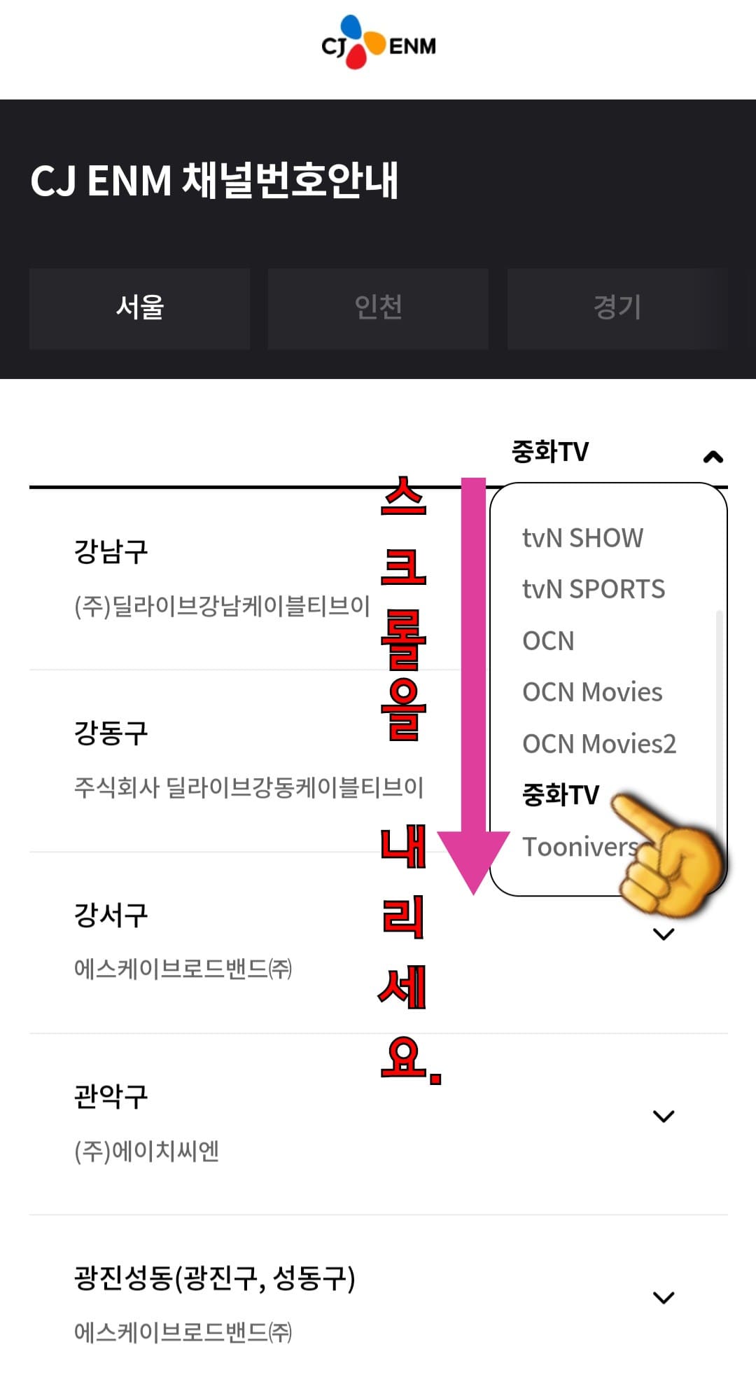 중화tv-채널번호-확인하는-방법-안내-오른쪽에-표시된-화살표-V표시를-클릭해-아래로-스크롤을-내리면-tvN,-tvN-STORY,-tvN-DRAMA,-tvN-SHOW,-tvN-SPORTS,-OCN,-OCN-Movies,-OCN-Movies2,-중화TV,-Tooniverse(투니버스)의-채널번호를-확인할-수-있는데요.-여기에서-중화tv를-선택합니다.