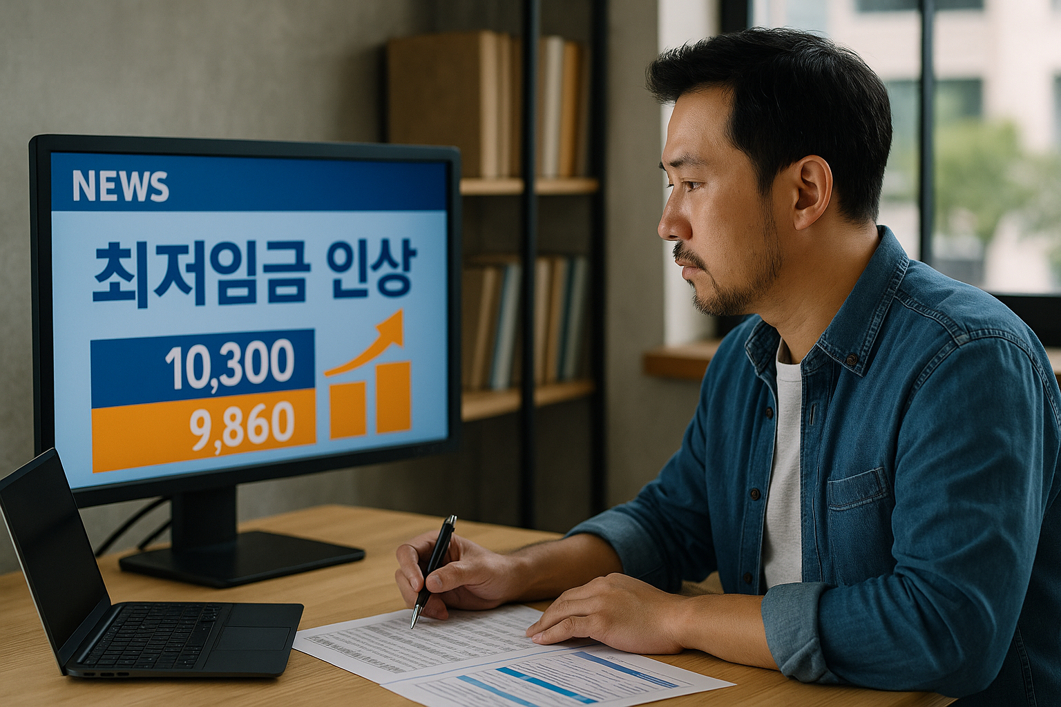 최저임금 인상 뉴스 화면을 보며 급여 계획을 세우는 자영업자의 모습