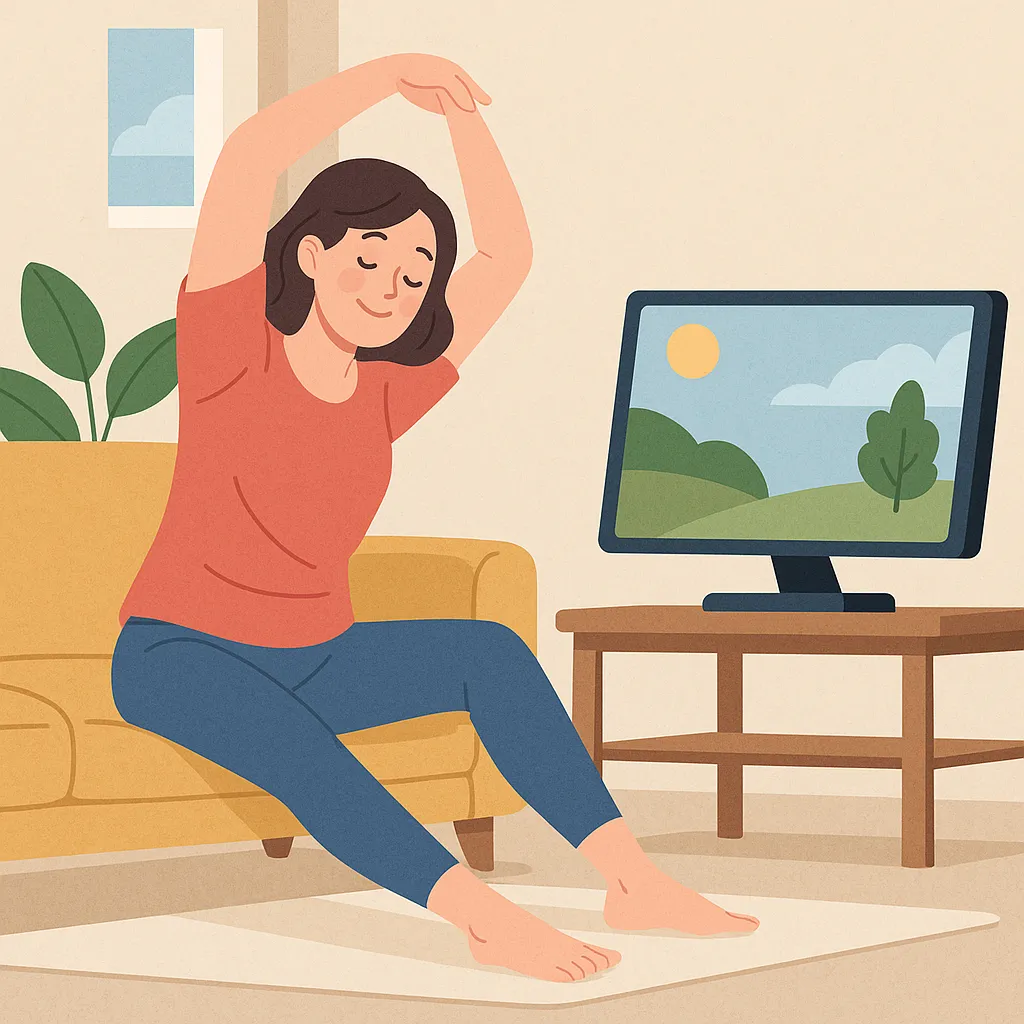 거실에서-TV를-보며-편안하게-스트레칭을-하는-여성이-건강한-생활습관과-몸의-긴장을-풀며-하루의-피로를-해소하는-모습을-표현한-일러스트