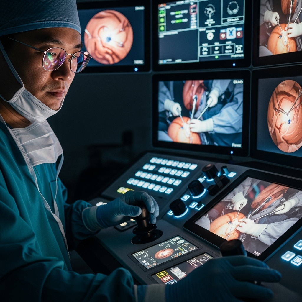 showing a real-time 3D surgical procedure happening in another country